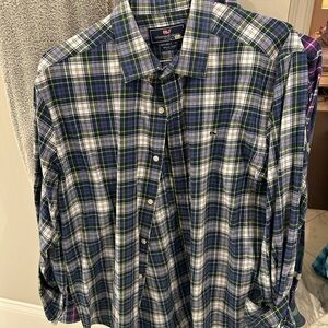 Vineyard vines Men's Green and Blue Checkered Shirt